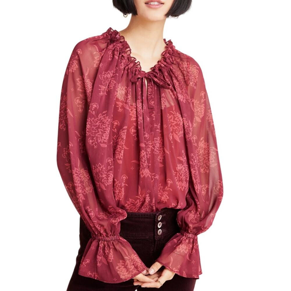 STEELE Anthropologie Laurelyn Sheer Floral Tie Neck Boho Blouse Burgundy Large